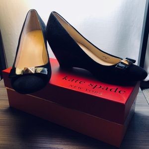 Kate Spade Black Suede Bow Wedges 8